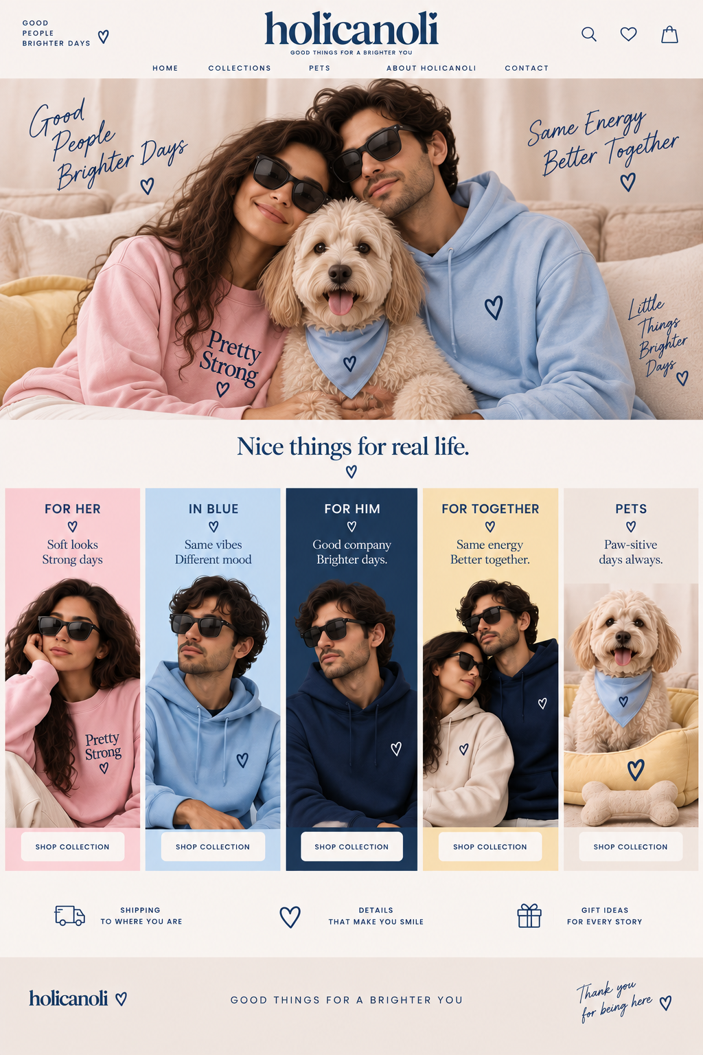 Holicanoli collection preview with couple and dog